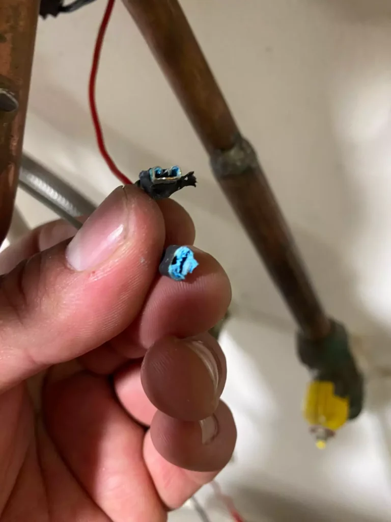 Conectores del portapilas sulfatados durante la reparación de un calefont